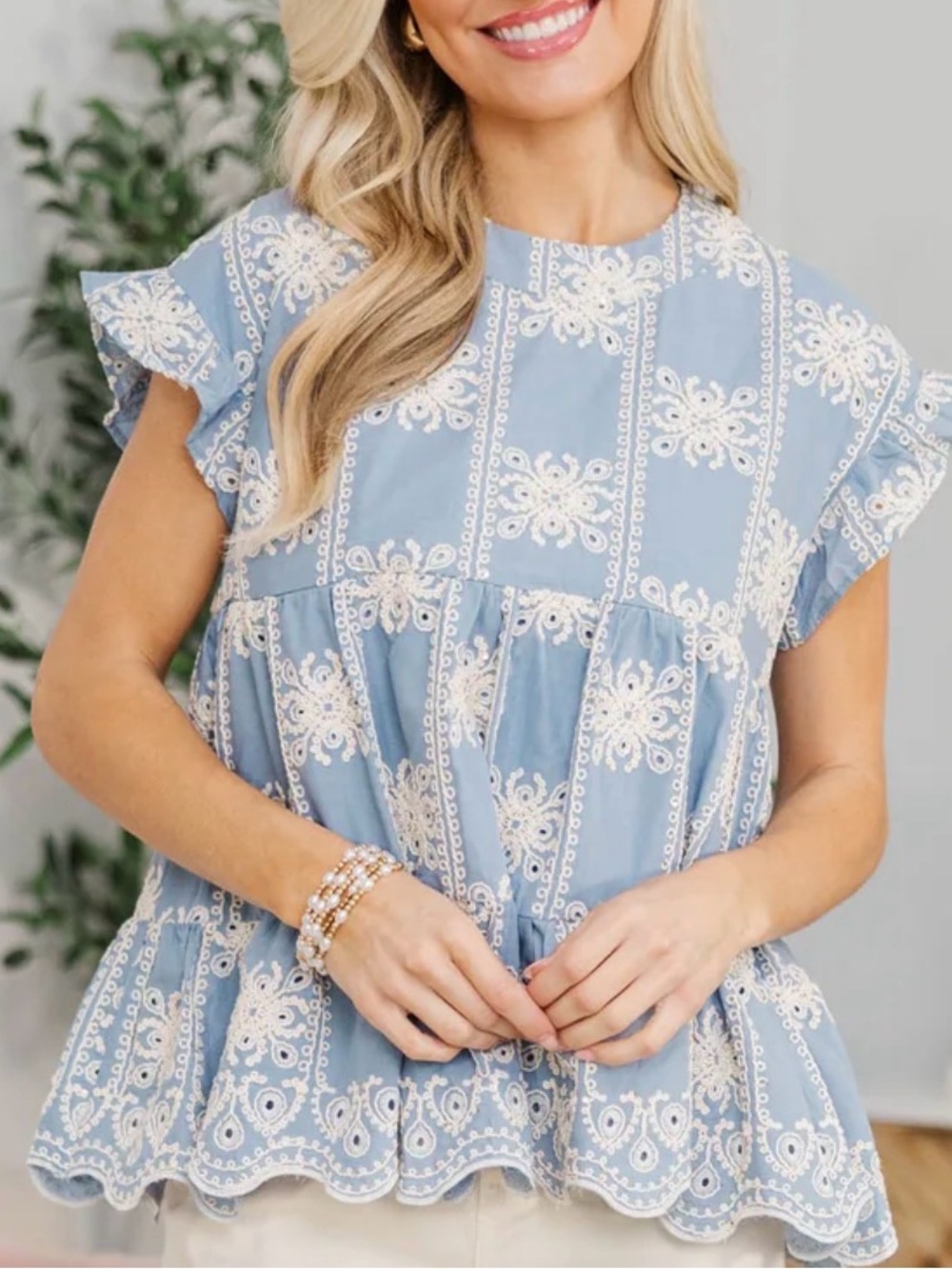 Shop the Mint Nursing Co. Hear Your  Call Blue Embroidered Baby Doll Top M